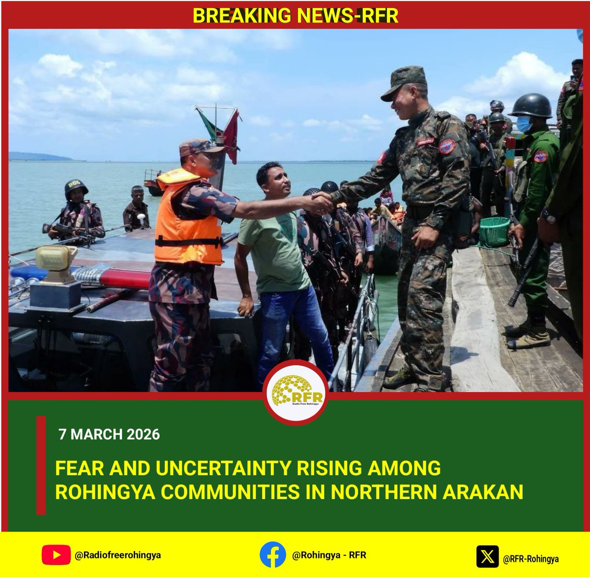 🚨 Fear rises among Rohingya communities in northern Arakan as reports of arrests, forced recruitment, and detention of young women continue in Buthidaung and Maungdaw.
#Rohingya #ArakanState #Buthidaung #Maungdaw #RFR_MEDIA