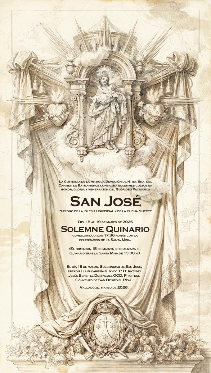 #SanJose | Quinario en honor a San José.

🗓️Del 15 al 19 de marzo a las 17:30h.
(Domingo 15 a las 13:00h.)

🗣️Preside: D. L. Alberto Ordejon

🗓️Solemnidad de San José, Jueves 19 de marzo a las 17:30h.

🗣️Preside: P. D. Antonio Benéitez Domínguez OCD.

#carmendeextramuros