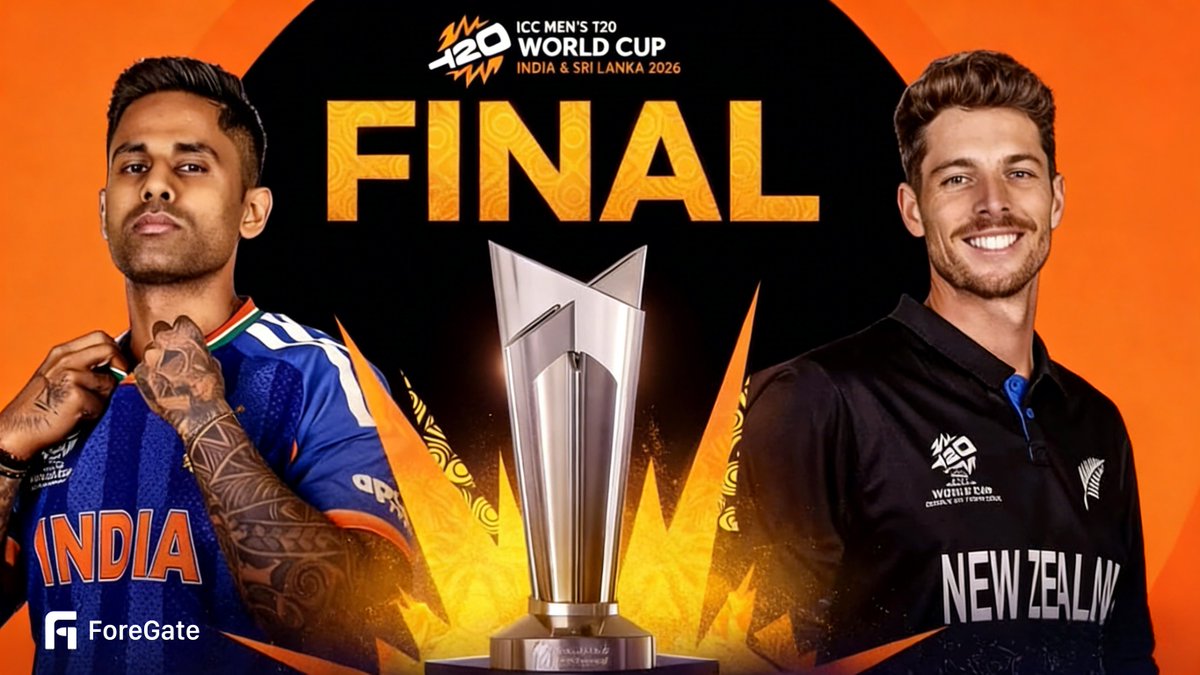 Fore_Gate's tweet photo. 🏏FINAL | ICC Men's T20 World Cup 2026: India vs New Zealand  

🔥India hunting historic 3-peat or NZ ending "runners-up"? NZ leads 3-0 vs India in T20WC history.  

Who wins? Comment IND or NZ👇

💰10 winners × 10 USDT
✅Follow @fore_gate 
✅Reply with your pick 
✅Trade ≥ $5: https://t.co/uX4NinzsfF 

Don't forget RT🔁 + Like❤️. 
⏰Tomorrow's final – you ready?
#ICCMensT20WorldCup #CricketFinal