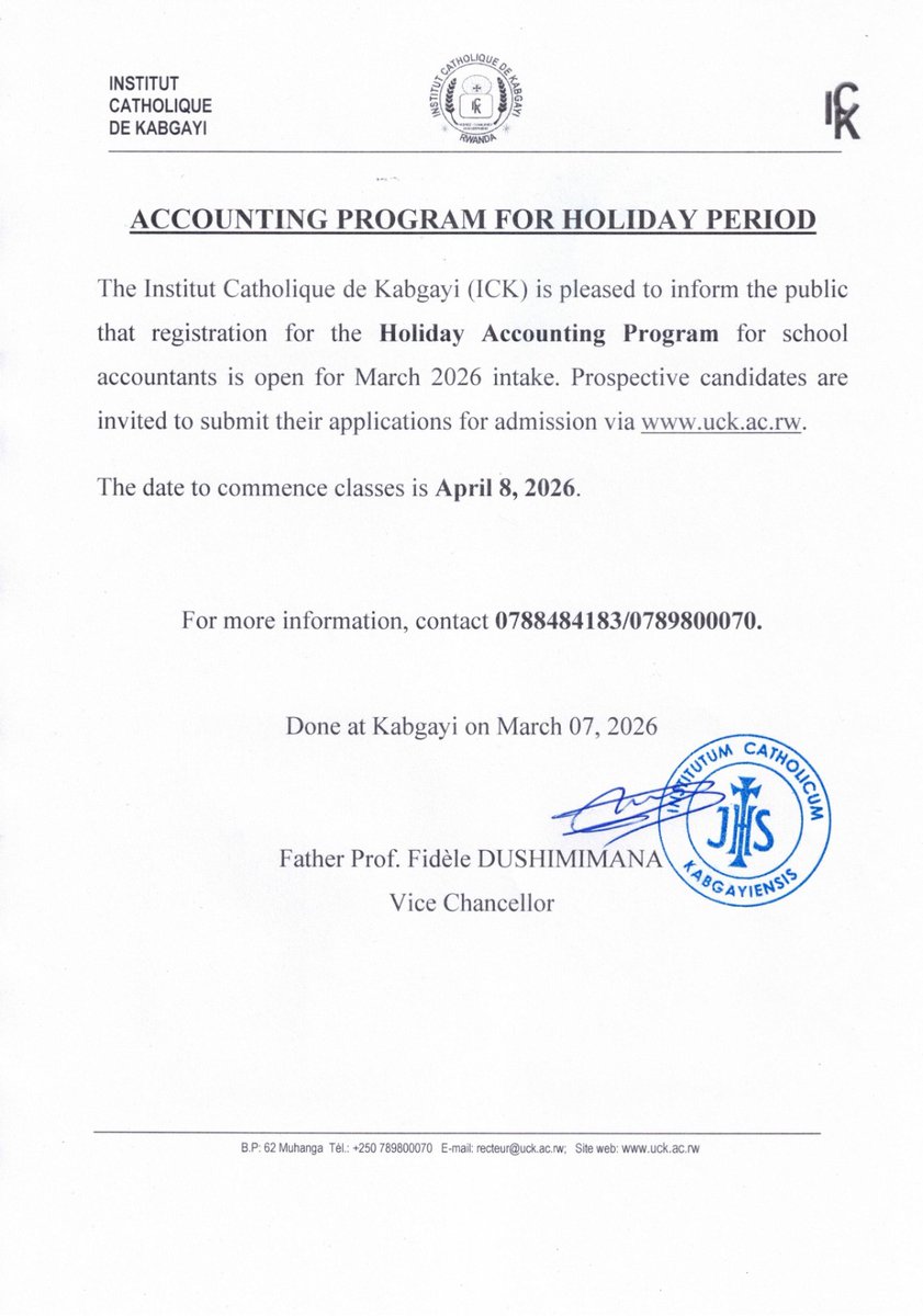 ICKKabgayi's tweet photo. 📣Attention School Accountants!
Don't let the holiday pass without growing your expertise. ICK's Holiday Accounting Program March 2026 intake application is officially open. This is your moment to sharpen your craft and advance your career.
✅ Apply  via:  https://t.co/9eSvGfPIjO https://t.co/2HXyZQfkR1