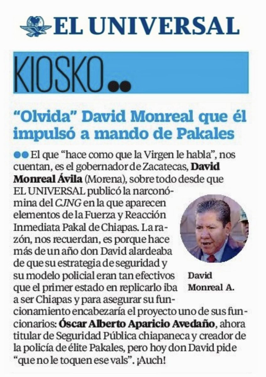 ¿David Monreal seguirá presumiendo que Oscar Aparicio (creador de la policía #Pakal) era uno de sus funcionarios “destacados” que fue a #Chiapas a replicar su estrategia de seguridad?

eluniversal.com.mx/opinion/kiosko…