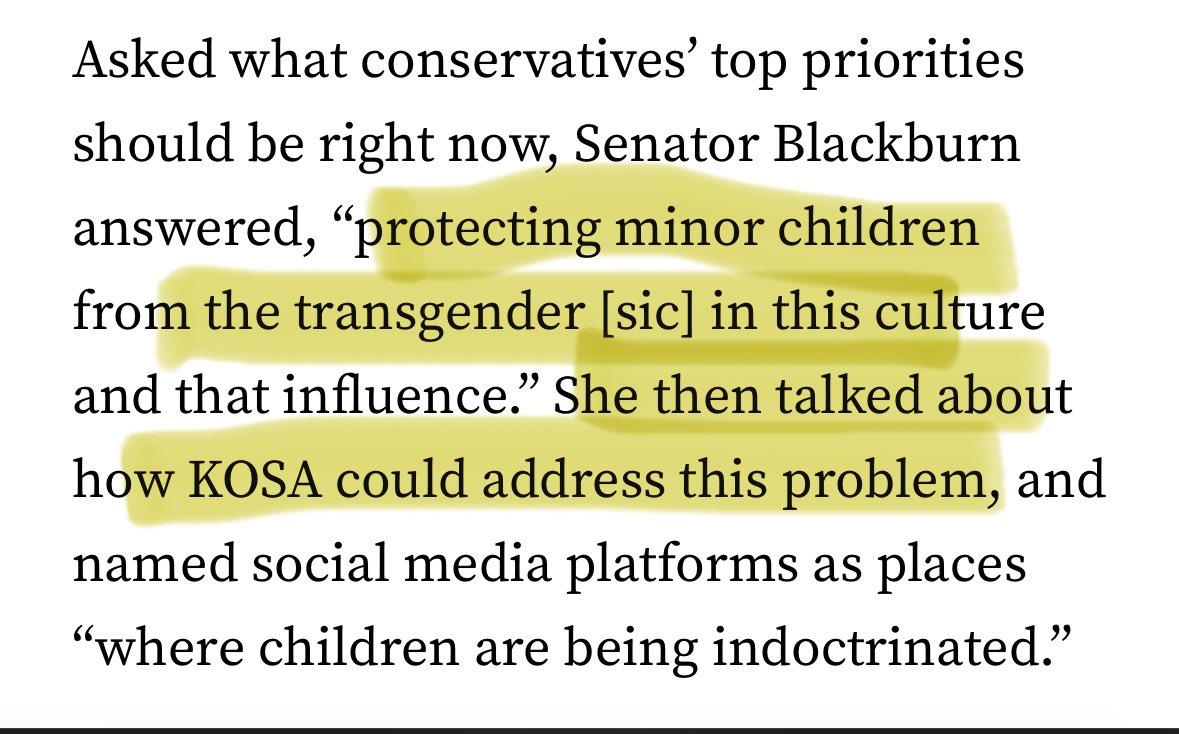 Senator Marsha Blackburn has OPENLY STATED that KOSA is meant to ‘protect’ kids from ‘the transgender’

She is a transphobe, her bill is transphobic, and every Senator signing on is sponsoring trans genocide.

If your senator is a Democrat, TELL THEM THIS. CALL 2022243121