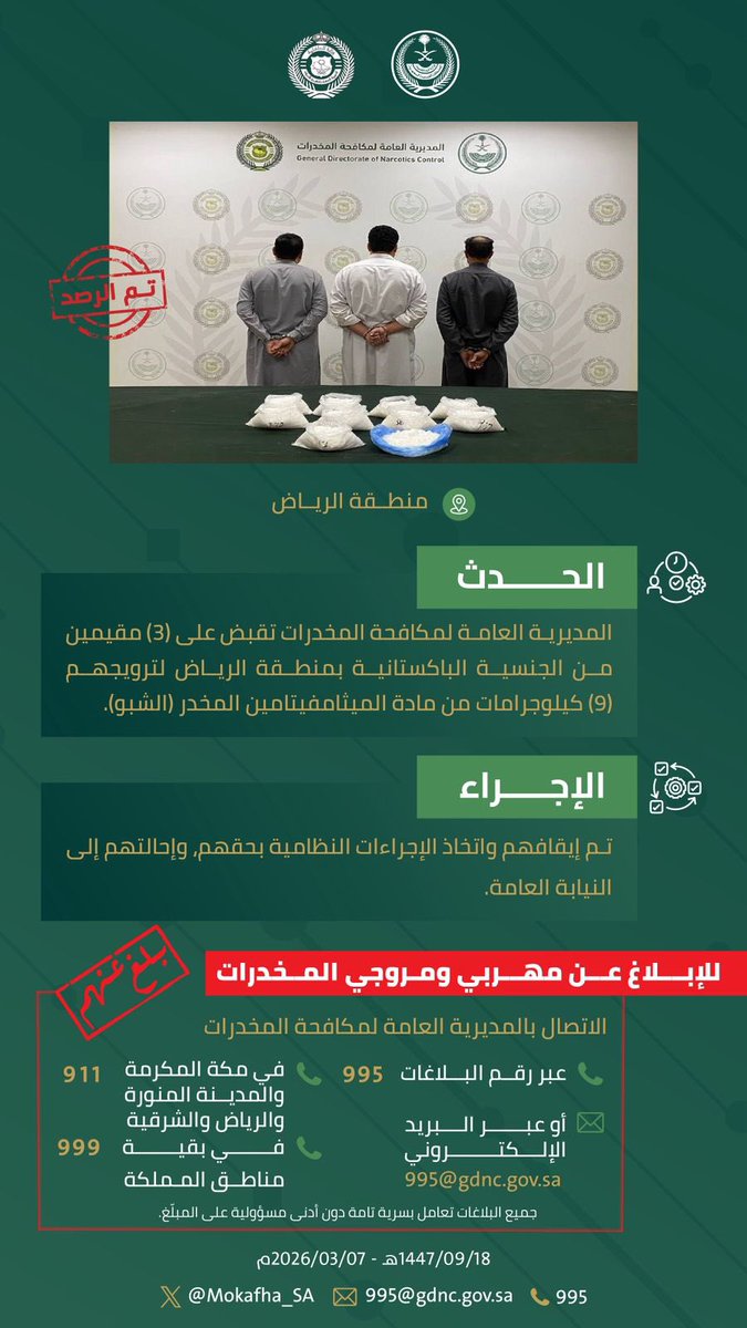 Mokafha_SA's tweet photo. #مكافحة_المخدرات تقبض على (3) مقيمين بمنطقة الرياض لترويجهم (9) كيلوجرامات من مادة الميثامفيتامين المخدر (الشبو). 
#الحرب_على_المخدرات
#بالمرصاد https://t.co/NsMhZSM8B0