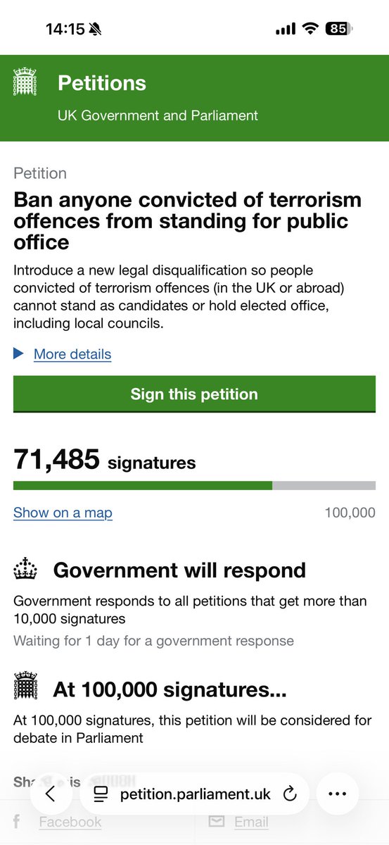 We are almost 3/4 of the way there after just 24 hours. Let’s keep pushing. We MUST “Ban anyone convicted of terrorism offences from standing for public office”. 

(Link in comments)