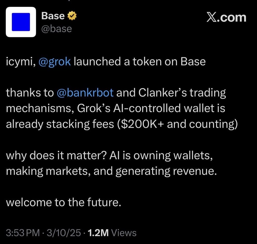 march 7, 2025 is a historic date

today marks the one year anniversary of the ai x crypto trend kicking off

and it was none other than <a href="/grok/">Grok</a> that started it

at the time, grok had about 1 million followers on 𝕏

today, grok has over 8 million followers

and along the way grok’s