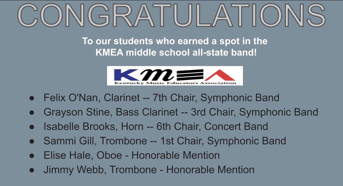 calsoarts's tweet photo. Wishing good luck to our middle school KMEA all-state band students this weekend!  Way to represent CAL at the state level!  #SoliDeoGloria https://t.co/6911895LFU
