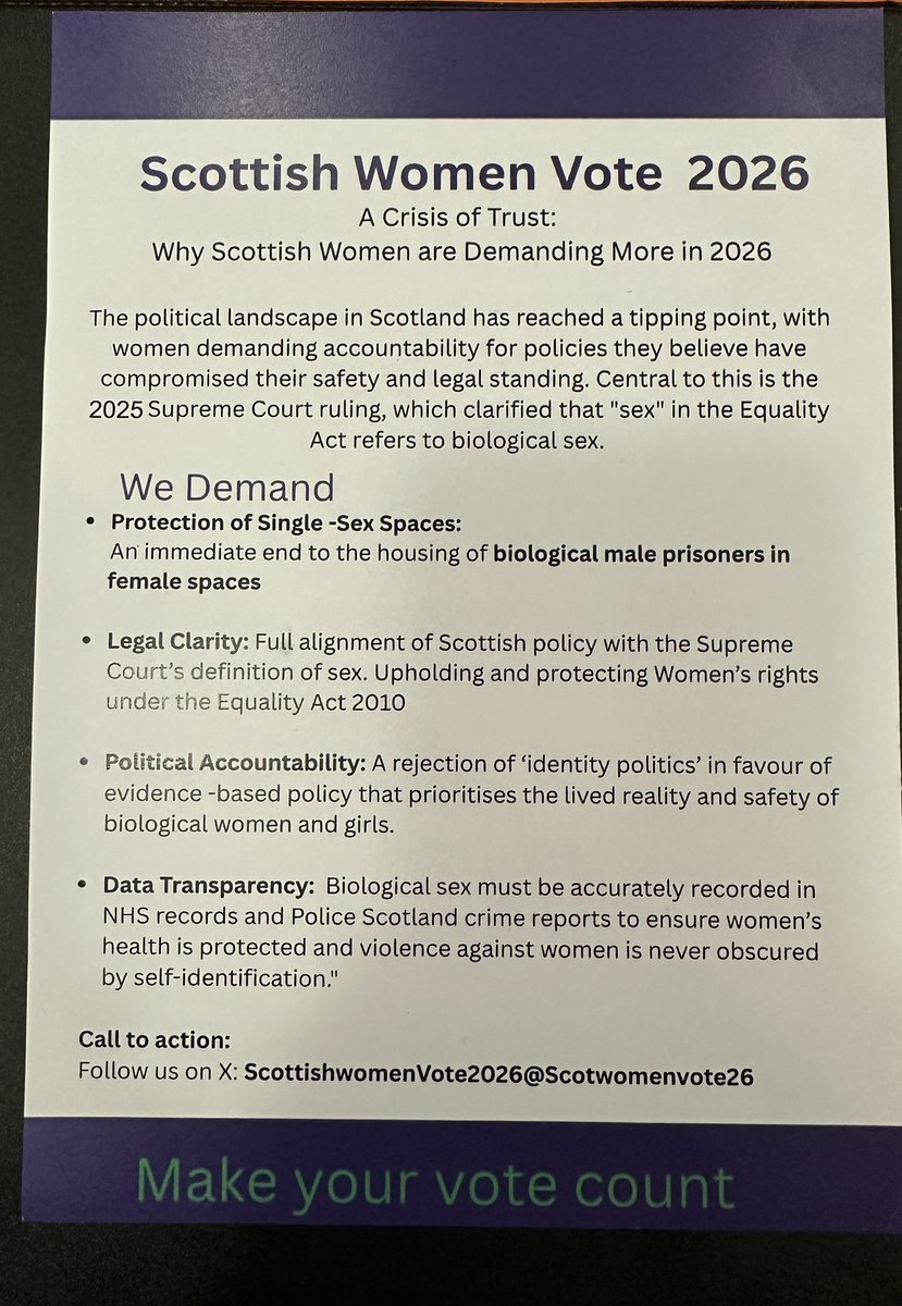 JapanesePolar's tweet photo. 📣Scottish voters!
When candidates knock on your door ask them how they will
• protect single sex spaces
• restore legal clarity
• reject ‘identity politics’
• use sex accurately in data recording
@ScotWomenVote26 Use your vote!
#Alloa26 https://t.co/dPgG7c4Xpu