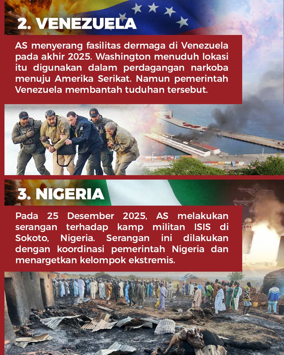 tvOneNews's tweet photo. Dalam setahun terakhir, Amerika Serikat di bawah Presiden Donald Trump meningkatkan operasi militer di berbagai wilayah dunia. Sepanjang 2025 hingga awal 2026.
#PhotoStorytvOne #AmerikaSerikat #Internasional #Geopolitik #Trump #PS02 https://t.co/TB2IZxVX7a