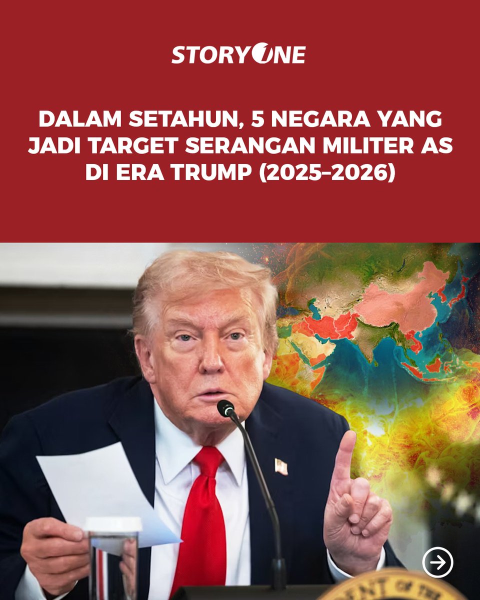 tvOneNews's tweet photo. Dalam setahun terakhir, Amerika Serikat di bawah Presiden Donald Trump meningkatkan operasi militer di berbagai wilayah dunia. Sepanjang 2025 hingga awal 2026.
#PhotoStorytvOne #AmerikaSerikat #Internasional #Geopolitik #Trump #PS02 https://t.co/TB2IZxVX7a