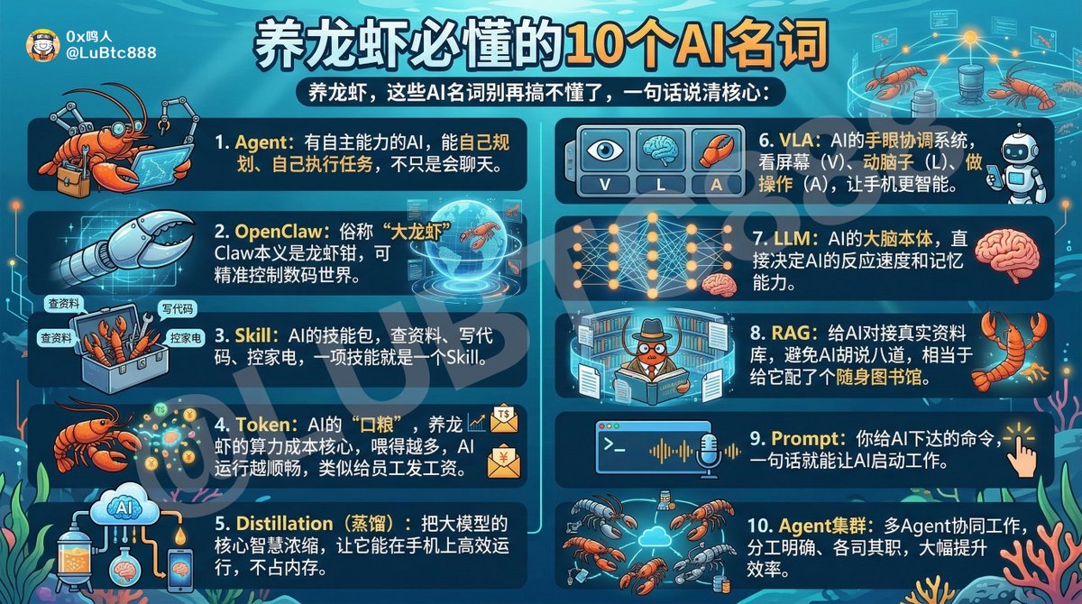 LuBtc888's tweet photo. 养龙虾必懂的10个AI名词（精简版）

养龙虾(OpenClaw)，这些AI名词别再搞不懂了，一句话说清核心：

1. Agent：有自主能力的AI，能自己规划、自己执行任务，不只是会聊天。

2. OpenClaw：俗称“大龙虾”，Claw本义是龙虾钳，可精准控制数码世界。

3. Skill：AI的技能包，查资料、写代码、控家电，一项技能就是一个Skill。

4. Token：AI的“口粮”，养龙虾的算力成本核心，���得越多，AI运行越顺畅，类似给员工发工资。

5. Distillation（蒸馏）：把大模型的核心智慧浓缩，让它能在手机上高效运行，不占内存。

6. VLA：AI的手眼协调系统，看屏幕（V）、动脑子（L）、做操作（A），让手机更智能。

7. LLM：AI的大脑本体，直接决定AI的反应速度和记忆能力。

8. RAG：给AI对接真实资料库，避免AI胡说八道，相当于给它配了个随身图书馆。

9. Prompt：你给AI下达的命令，一句话就能让AI启动工作。

10. Agent集群：多Agent协同工作，分工明确、各司其职，大幅提升效率。

#OpenClaw #龙虾