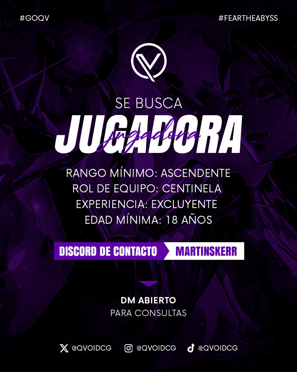 ¿Ganas de competir al máximo nivel? 🌌 En QV apostamos por la formación de jugadoras para dominar la escena. 🛡️✨

Si quieres ser parte de un proyecto con ambición y buen ambiente, ¡este es tu momento! 💜

Chequea la imagen y cuéntanos de ti por Discord o DM. 📥