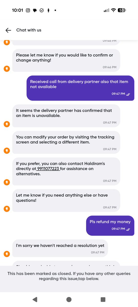Parulbhatnagar1's tweet photo. ordered frm Haldiram’s, waited 3x the promised time. Restaurant then asked me to cancel as items were out of stock. yet I was charged 100% cancellation fee and no refund.
This is unfair. When the restaurant can’t fulfill the order, why should the customer pay? @Swiggy @harshamjty https://t.co/NX1HwqvOxO