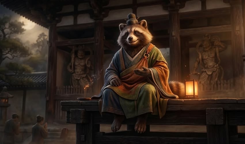 醍醐寺仁王門の上に住むという、権六さん（狸神）
歯の痛みを取ってくれると伝う。
AIにこの情報から画像にしてもらった。