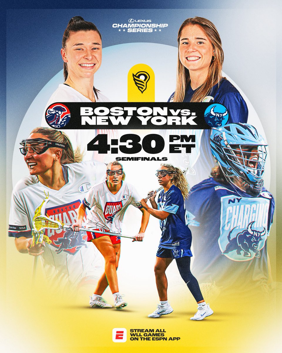 wlacrosseleague's tweet photo. It’s a BOSTON vs NEW YORK semifinal 🍿🏆

A rematch of the 2025 Championship Series final — this year fighting for a chance to advance. 

4:30PM ET on the ESPN App. https://t.co/fD4MLB7c1J