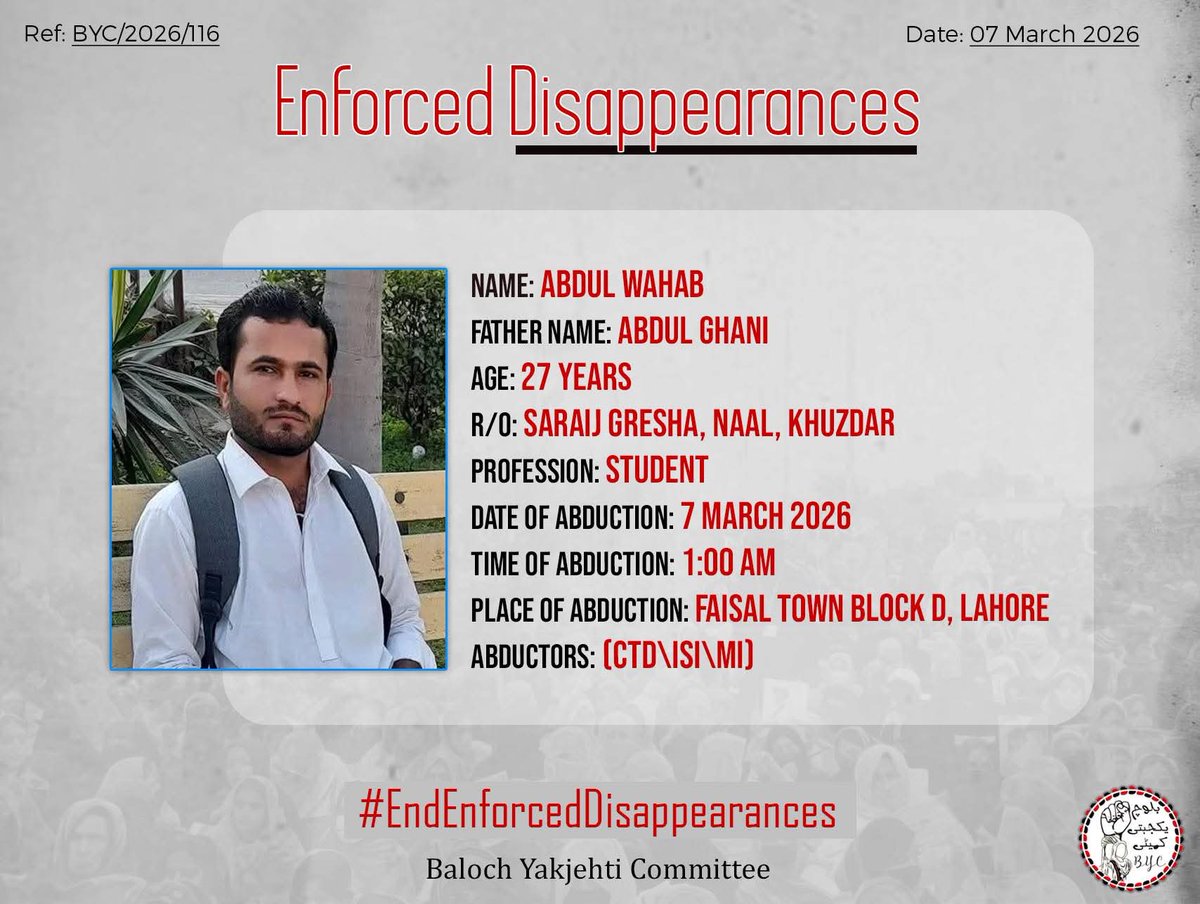 𝗘𝗻𝗱 𝗘𝗻𝗳𝗼𝗿𝗰𝗲𝗱 𝗗𝗶𝘀𝗮𝗽𝗽𝗲𝗮𝗿𝗮𝗻𝗰𝗲𝘀!

#EndEnforcedDisappearances
#StopBalochGenocide