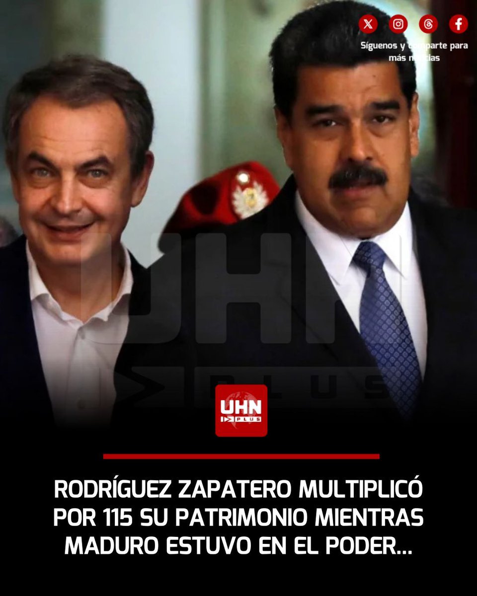 UHN_Plus's tweet photo. 🇻🇪🇪🇸‼️ | En los últimos días, Rodríguez Zapatero ha explicado ante el Senado de España: "Nunca percibí dinero del Gobierno de Nicolás Maduro ni de PDVSA". Zapatero acaba demostrando cómo un expresidente que dejó a España en ruinas se ha convertido en millonario a costas del dinero del pueblo venezolano. 

•  Fue el único expresidente español que no pidió la detención de Maduro en 2024
•  En 2011 declaró un patrimonio de 32 mil euros
•  En 2012 viajó a Venezuela y años después multiplicó su patrimonio por 115, según VozPopuli
•  Ha llegado a comprarse una casa de 2 millones de euros en Madrid
•  Ahora controla la política exterior de Pedro Sánchez
•  El último lunes se negó a decir que Nicolás Maduro fue un dictador