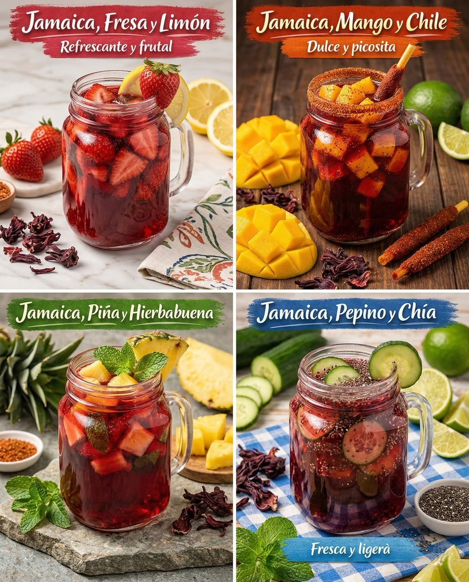 4 recetas de aguas frescas con jamaica 
🍓🌺 Agua Fresca de Jamaica con Fresa y Limón
🛒 Los ingredientes:
-
▪︎1 taza de flor de jamaica seca
▪︎1 taza de fresas frescas (limpias y sin tallitos)
▪︎El jugo recién exprimido de 2 limones
▪︎1 litro de agua purificada