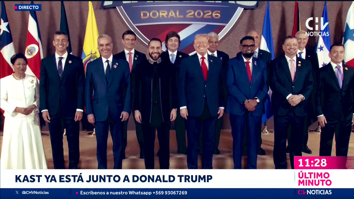 🔴 AHORA | Foto oficial del presidente Kast junto a Trump, Bukele, Milei y los demás presidentes invitados a la cumbre Escudo de América.