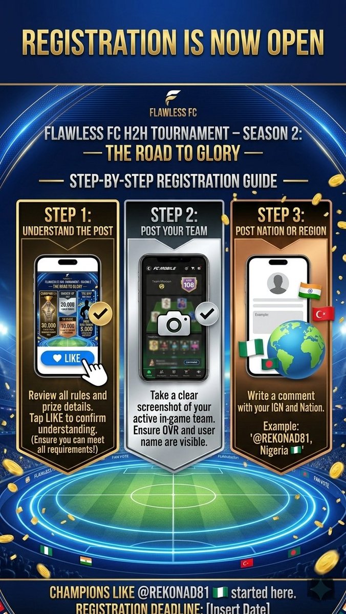 Flawless__01's tweet image. 📢 New Season Announcement Draft
​Headline: A NEW ERA BEGINS: FLAWLESS FC TOURNAMENT [SEASON 2]
​"The rewards have been claimed, and the legends have been carved into the Hall of Fame. @REKONAD81 stands as our reigning Champion, but a new season means a new chance for glory.