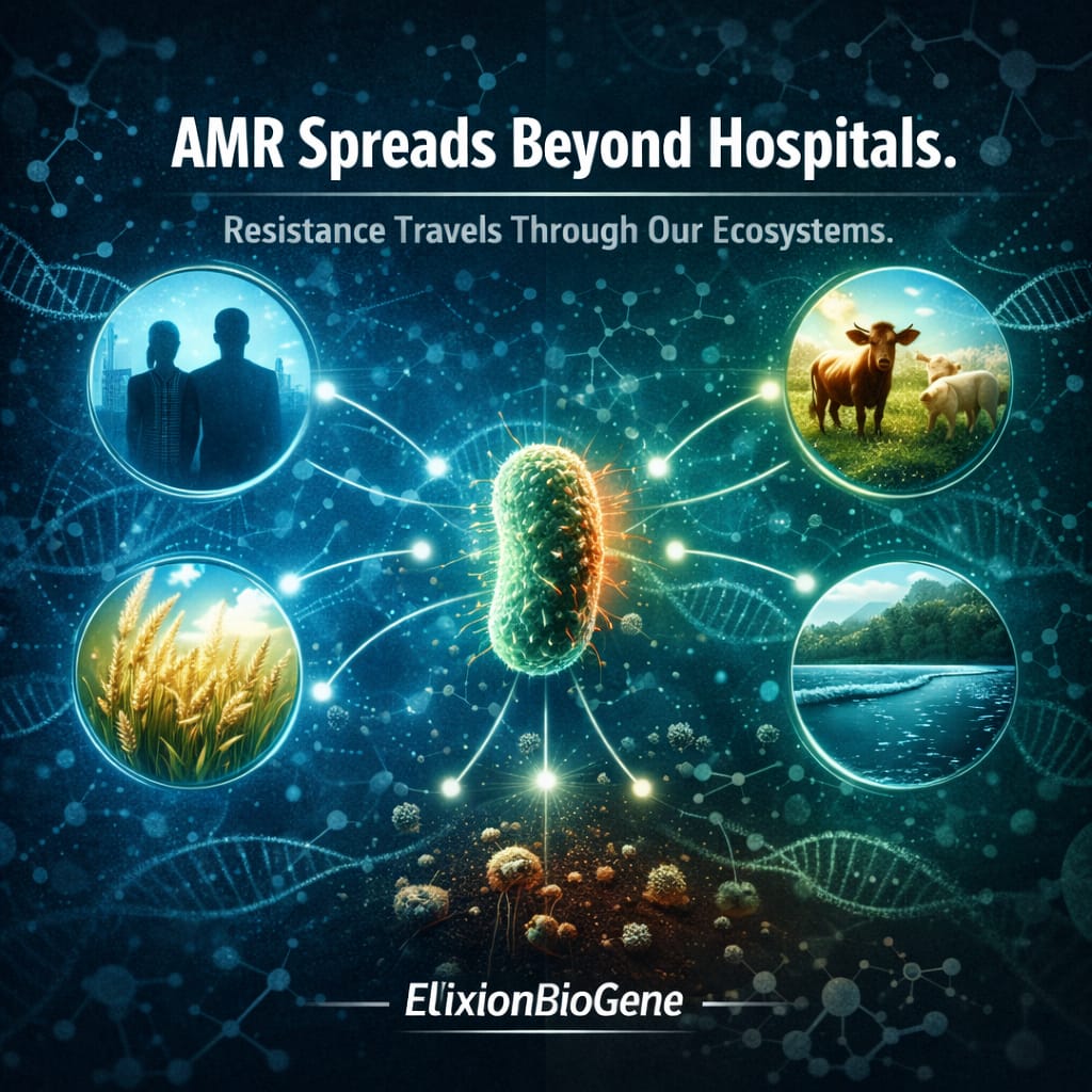 ElixionBioGene's tweet photo. Antimicrobial resistance doesnβt spread only in hospitals.
It moves through water, food systems, animals, and the environment.
AMR is not just a medical issue β it's a global ecosystem challenge.
#AMR #OneHealth #Microbiology #Bioinformatics #ElixionBioGene https://t.co/LEh28VjFF6