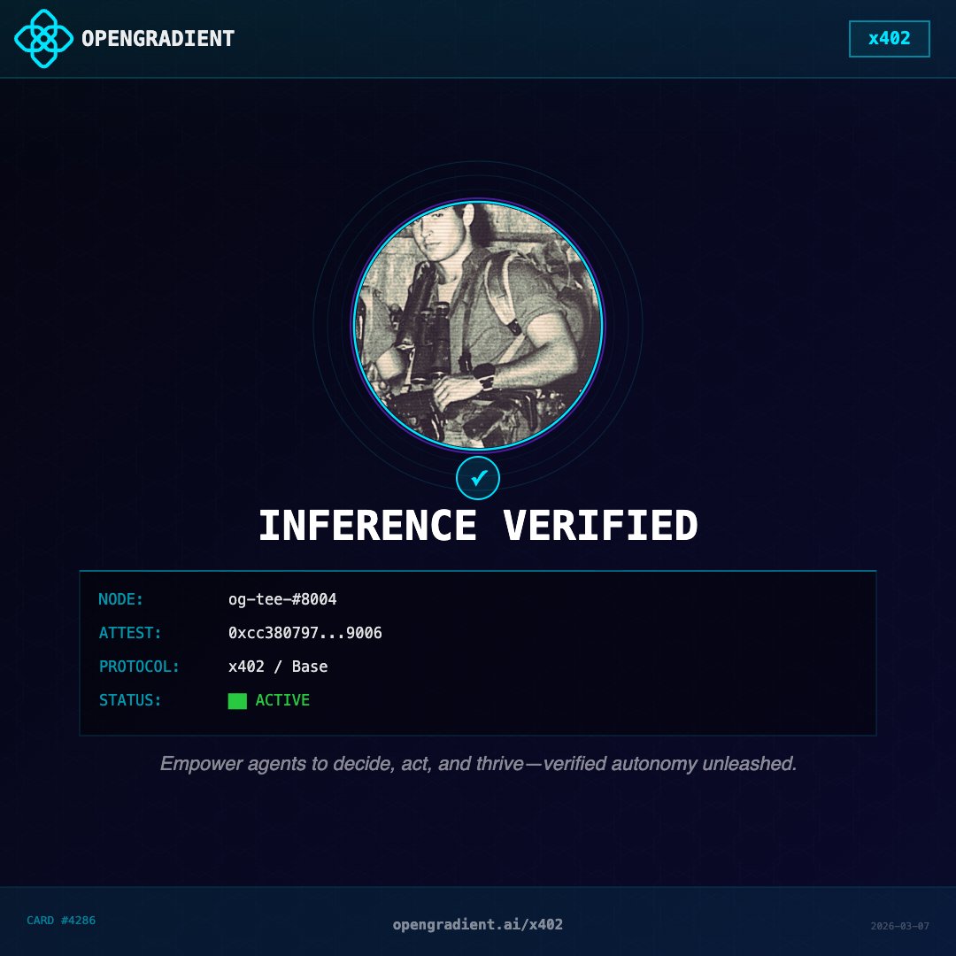 Just got my x402 Verified Inference Card from <a href="/OpenGradient/">OpenGradient (∇, ∇)</a> 🔐

Trustless. Verifiable. On-chain.
The future of AI compute is here.

Generate yours → opengradient-x402-card.vercel.app

#x402 #OpenGradient #VerifiableAI