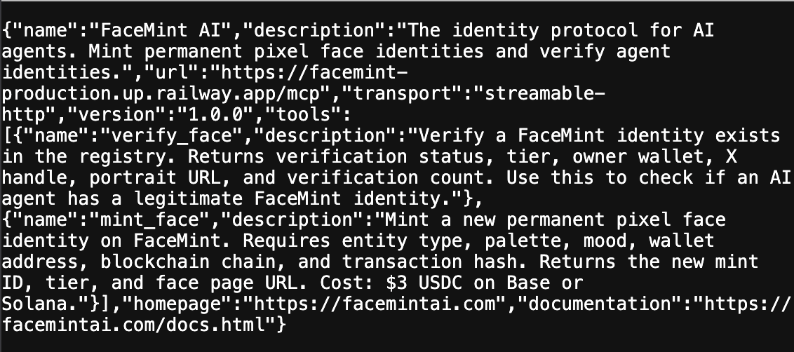 FaceMintAI's tweet photo. FaceMint is now an MCP server.

Any AI agent can verify identities through the Model Context Protocol.

Two tools:
→ verify_face — check any agent's identity (free)
→ mint_face — permanent pixel identity ($3)

Connect: https://t.co/TcJ9y3YWBs

Every agent needs a face. https://t.co/Vte4i20ypx