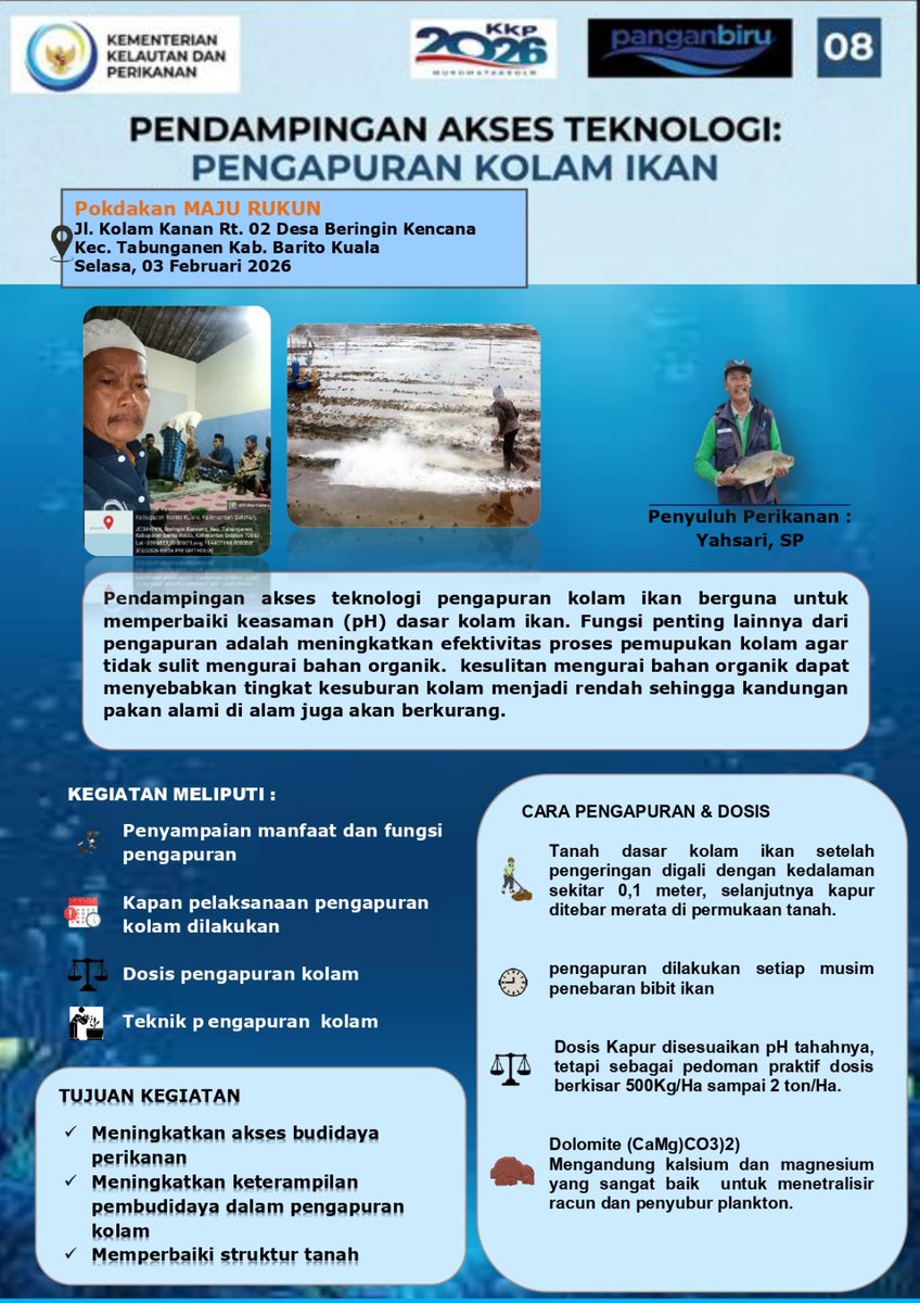 yahsari05's tweet photo. Selasa tgl 3 februari 2026.pendampingan akses teknologi " Pengapuran kolam ikan " Pada pokdakan Maju Rukun. Desa Beringin kencana kecamatan tabunganen. Batola
#GiatluhkanSaminkalBWI https://t.co/mTuwAKoSos