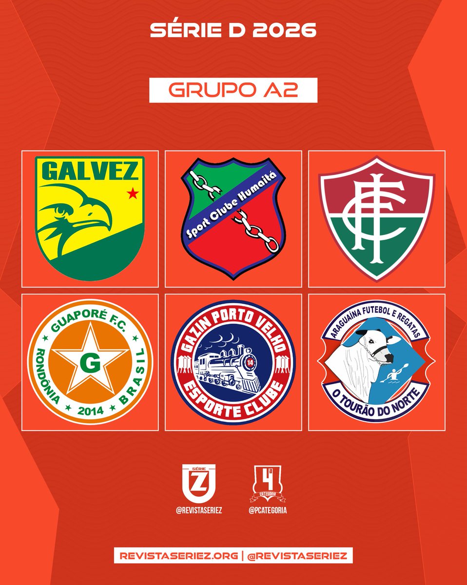 revistaseriez's tweet photo. O Grupo A2 da Série D 2026 é composto por:

Galvez
Humaitá
Independência
Guaporé
Gazin Porto Velho
Araguaína

#SérieDnaSérieZ #QuartaCategoria https://t.co/KfcDKQUWOp