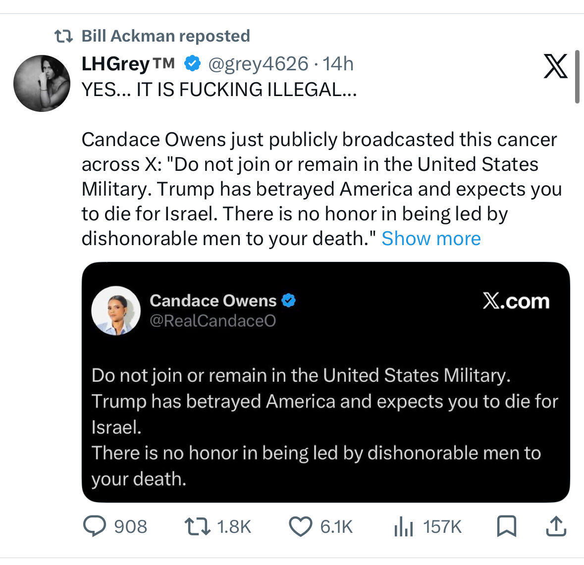 Since <a href="/BillAckman/">Bill Ackman</a> is retweeting that it is against the law for me to tell Americans not to sign up for the military, I would like to publicly invite him onto my podcast to offer a convincing argument as to why Americans should send their children to die for Israel. 
We can pick