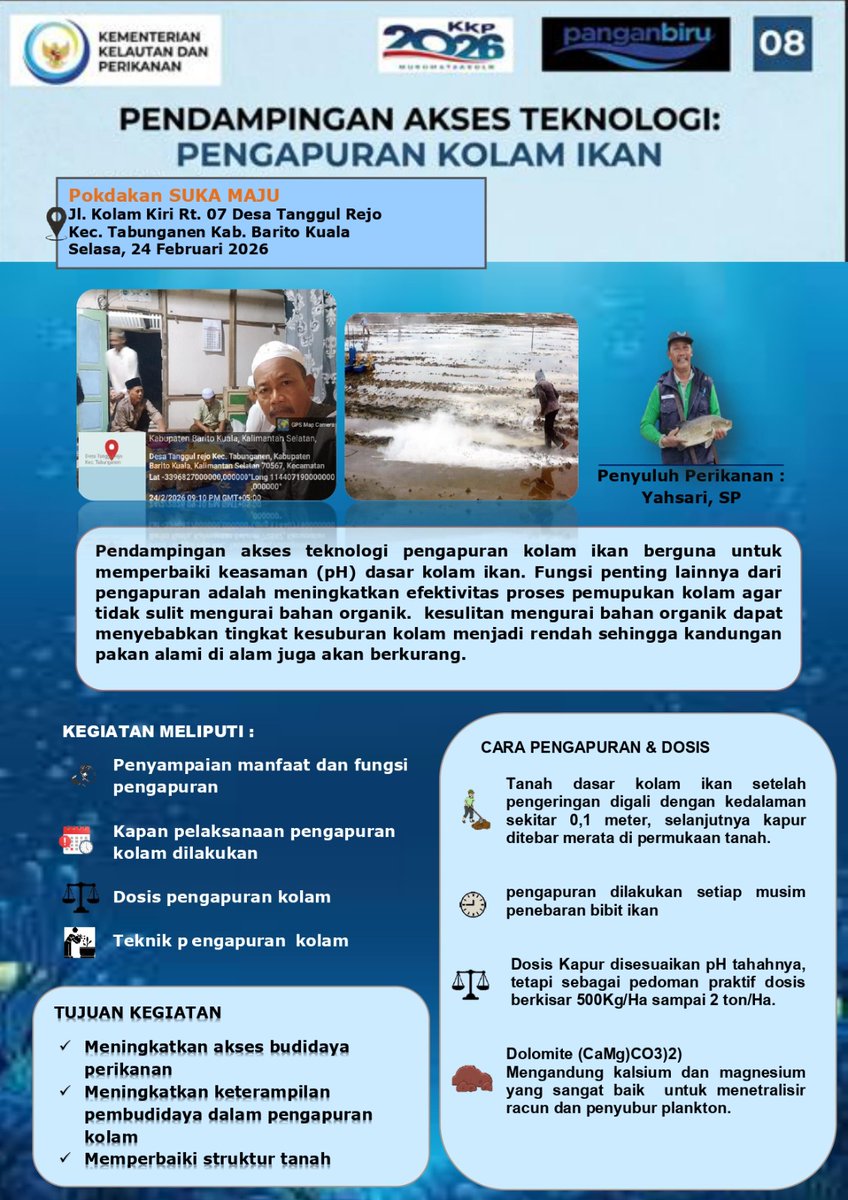 yahsari05's tweet photo. Selasa tgl 24 februari 2026.pendampingan Akses teknologi "pengapuran kolam ikan" Pada pokdakan Suka Maju Desa Tanggul Rejo kecamatan tabunganen. Batola
#GiatluhkanSatminkalBWI https://t.co/9cECvnv1qY