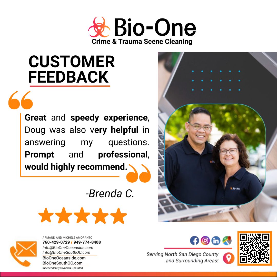 BioOneOceanside's tweet photo. ⭐ Fast, Professional, and Reliable Service⭐

Providing prompt, professional service while making sure all questions are answered is what we strive for every day. 

#BioOne #BioOneOceanside #5StarReview #CustomerAppreciation #ProfessionalService #CleanupSpecialists #HereToHelp https://t.co/8JyOligOPK
