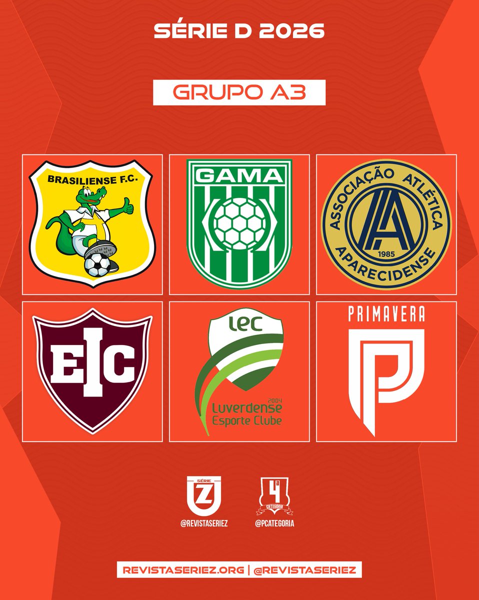 revistaseriez's tweet photo. O Grupo A3 da Série D 2026 é composto por:

Brasiliense
Gama
Aparecidense
Inhumas-GO
Luverdense
Primavera-MT 

#SérieDnaSérieZ #QuartaCategoria https://t.co/MP76ccGDua