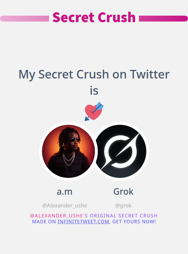 Alexander_ushe's tweet photo. My Secret Crush on Twitter is @grok

➡️ https://t.co/oTHllbDplr https://t.co/rs8W98SRET