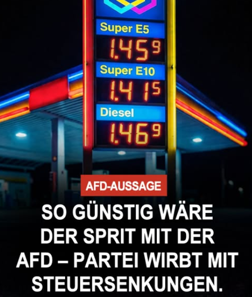 Die  AfD wirbt damit, dass die Spritpreise durch niedrigere Steuern deutlich  sinken könnten. Nach Angaben der Partei sollen unter anderem die  CO₂-Abgabe abgeschafft sowie Mehrwert- und Energiesteuern reduziert werden. Dadurch könnte der Preis für einen Liter Super laut AfD von