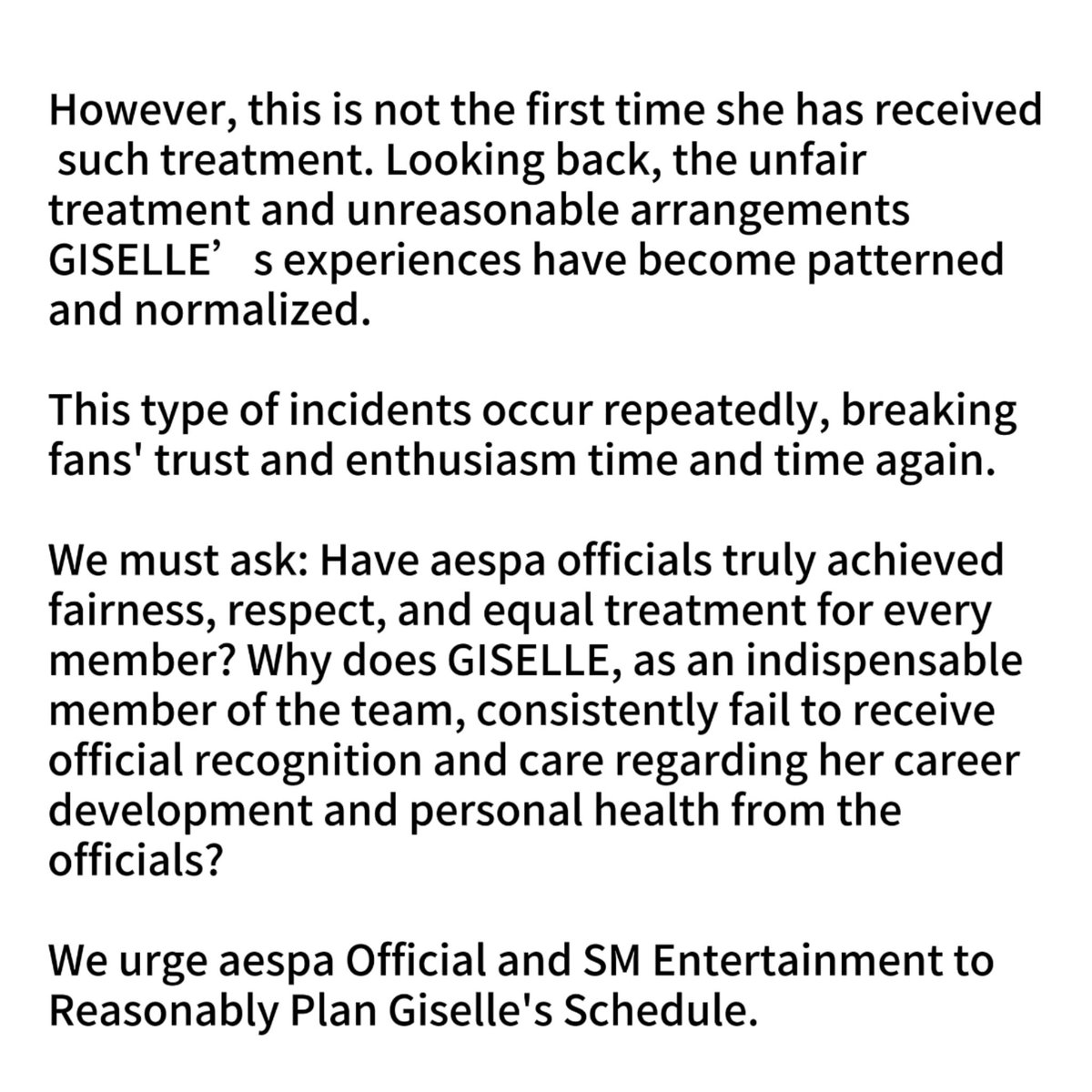 GISELLE_Oct1030's tweet photo. Please take into consideration of Giselle's physical health, treat her with the most basic fairness, and refuse unreasonable schedule arrangements. Fans cannot tolerate anymore endless exploitation of GISELLE❗️
@SMTOWNGLOBAL @aespa_official 

#GISELLE #지젤 https://t.co/NvB78Z4eJY
