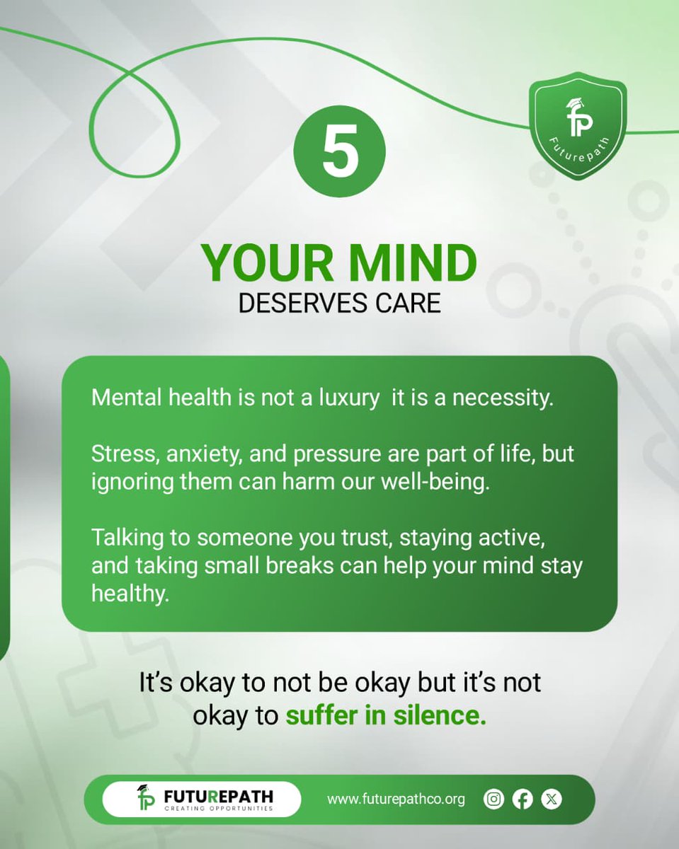 Your mind deserves care!

Stress and anxiety are common in today’s fast-paced life, but ignoring them can harm your well-being.Mental health is not a luxury it’s a necessity.

#MentalHealthMatters
#MentalHealthAwareness
#BreakTheStigma
#SelfCare
#TeamFuturePath