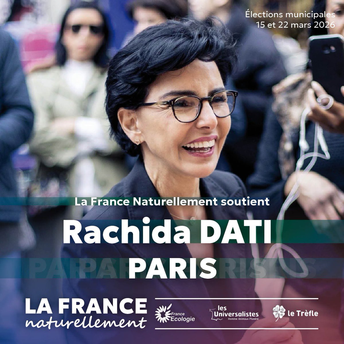 #Municipales2026 🇫🇷

🗳️ La France Naturellement apporte son soutien à <a href="/datirachida/">Rachida Dati ن</a> et sa liste Changer Paris aux municipales 2026 à #Paris 

<a href="/FranceEcologie/">France Ecologie</a> 
<a href="/Universalistes1/">Les Universalistes - Homme Animaux Planète</a> 
<a href="/Le_Trefle_LNE/">Les écologistes du Trèfle</a> 
<a href="/Parti_UNE/">Union Nationale Écologiste</a>