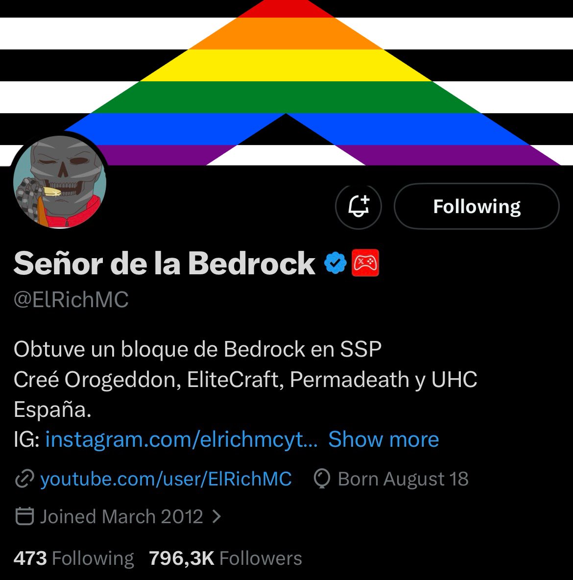🚨 Nuevo banner de ElRichMC 🚨

El famoso YouTuber y Streamer confiesa ser un aliado de la comunidad LGBTQI+ y se cambia el banner para demostrar su apoyo a todes sus seguidores.

#elwokemc