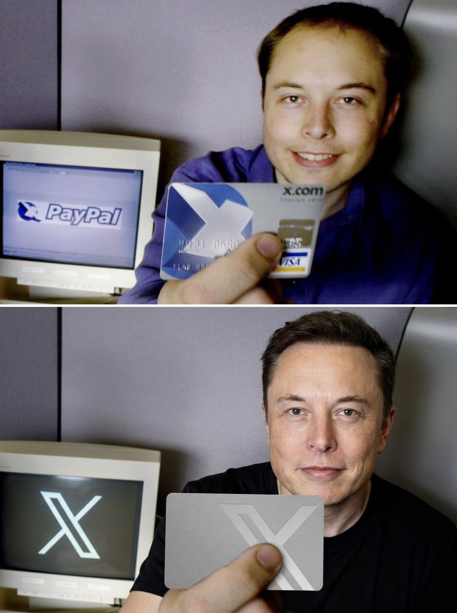Recreated the iconic photo of Elon Musk holding the 𝕏.com debit card.