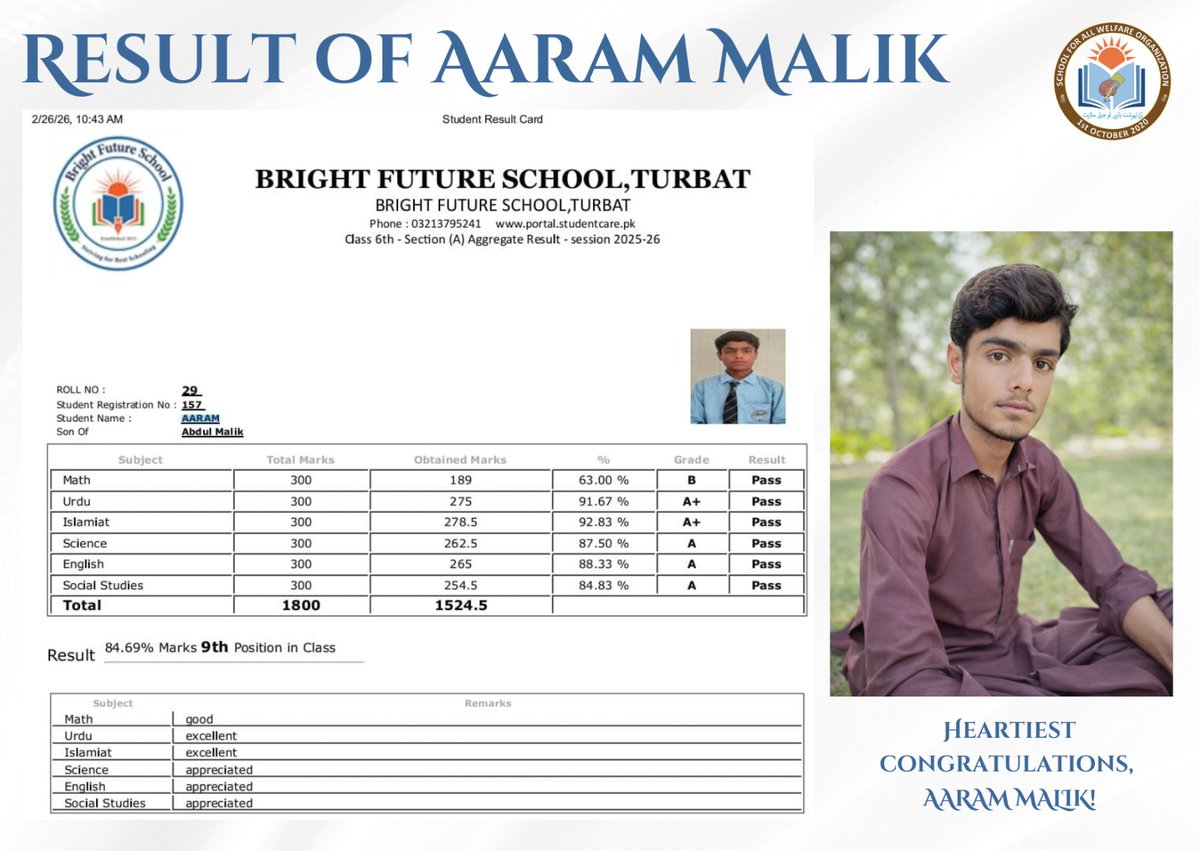 School_ForAll's tweet photo. سوبمَندی ءِ جار !

ایس ایف اے ءِ ساھگ ءِ چیر ءِ نودربر آرام ملک کہ گْوستگیں پَنچ سال اِنت گَلّ ءِ نیمَگ ءَ ماں برائیٹ فیوچر اسکول ءَ وانینگ بوھگ ءَ اِنت وَتی چَکّاس ءَ سوبمند بوتگ ءُ دیم ءِ کِلاس ءَ شُتگ ۔ https://t.co/MgBgEoPZAn