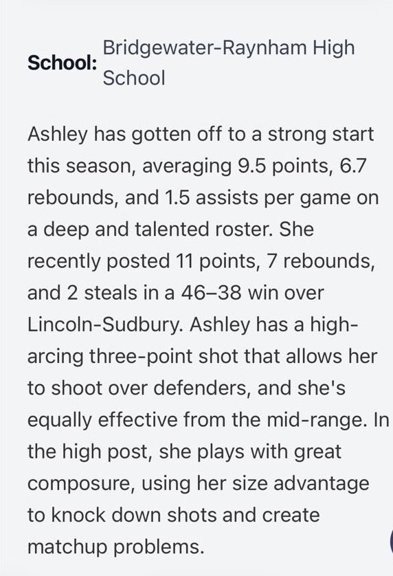 AshleyVarnum_11's tweet photo. Thank you @PGHNewEngland for these write ups during my season. Much appreciated. 
@Avi_Burmenko @BRgirlshoops @danabarrosbball https://t.co/k4HXtJAHqt