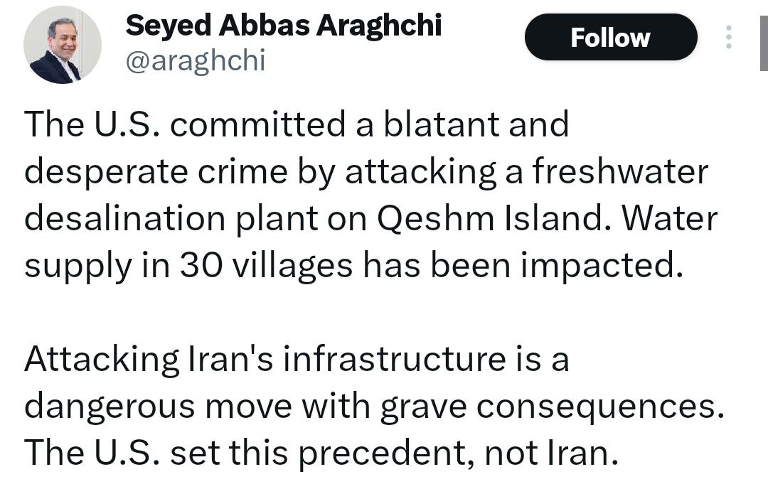 RT_com's tweet photo. US hits desalination plant in 'BLATANT and DESPERATE CRIME' — Iran's FM Araghchi

'Attacking Iran's infrastructure a dangerous move with GRAVE consequences' https://t.co/0N04HDAjGf