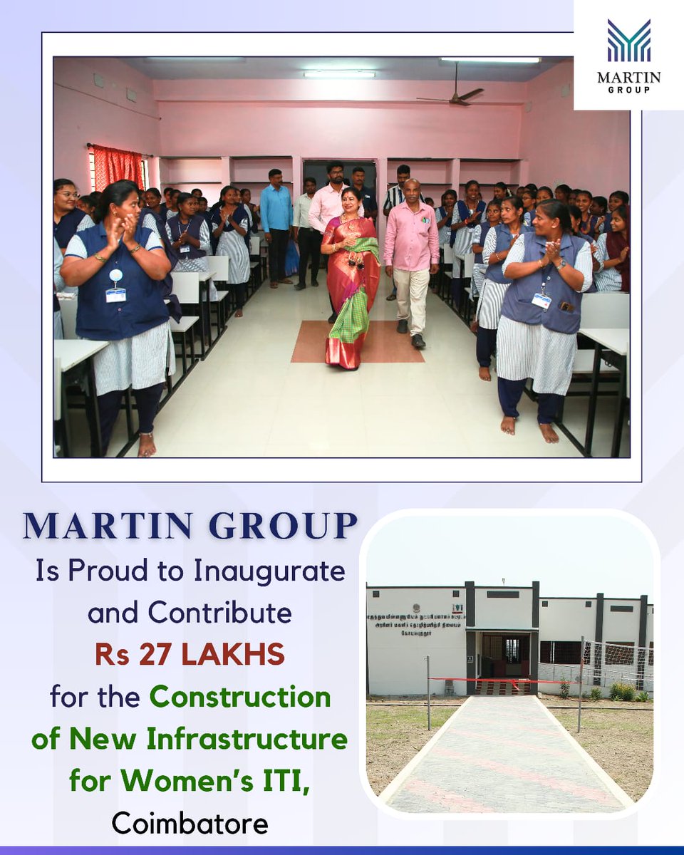 MartinGroup_'s tweet photo. Martin Group Invests ₹27 Lakhs in Infrastructure for Women’s ITI, Coimbatore.

Martin Group continued its commitment to women’s empowerment and vocational excellence through a ₹27,00,000 infrastructure project at the Government Industrial Training Institute (Women), Kavundampalayam.

The sponsorship, led by Dr. Leema Rose Martin, Director of the Martin Group and Managing Trustee of the Martin Charitable Trust, funded the construction of a modern playground, a dedicated two-wheeler parking facility, and a new toilet block. These amenities are designed to provide a safer, more conducive environment for young women pursuing technical skill development.

Inauguration Ceremony Dignitaries:
* Mr. V. Velmurugan, Regional Joint Director (Coimbatore Region)
* Mrs. T. Rajeswari, Deputy Director / Principal, Government ITI (Women)
* Thirumathi C. Parameswari, Superintendent / Training Officer, Government ITI (Women)
* Rtn. PHF Thaines Amutha, President, RCC Aalam
* Mr. John Paul, CSR Manager, Martin Group

By strengthening the infrastructure of vocational institutions, Martin Group remains dedicated to bridging the gap in women’s education and fostering sustainable community growth.