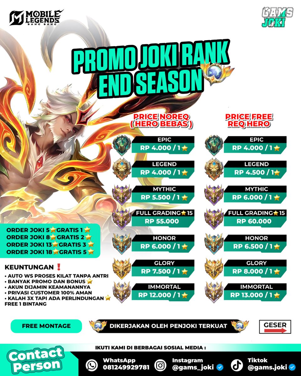 GamsJoki's tweet photo. OPEN JOKI MLBB &amp; MCGG

OPEN 24 JAM⏱️
Promo bisa berakhir kapan saja
buruan order🫡

FREE MONTAGE MOMENT🥶

Harga termurah tp berkualitas
🔥Masih ragu? cek sorotan IG  @gams_joki

📞 WA Admin : 0812-4992-9781
atau dm sosmed kami, Trimakasih🙏🏻

#jokimlbb #jokimcgg #jokigendong https://t.co/c7oGWx6qKn