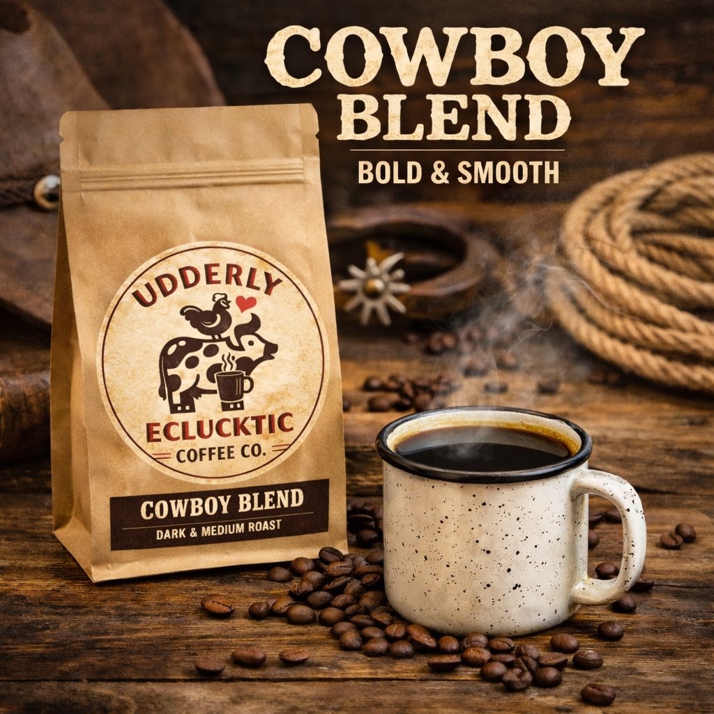 UdderlyCoffee's tweet photo. ☕ Coffee of the Week: Cowboy Blend

Bold &amp; smooth with cocoa, caramel, and vanilla notes. A dark + medium roast blend that’s perfect for early mornings and long days on the farm.

From our farm to your cup.

https://t.co/A5ajMdb7Ot

#UdderlyEcluckticCoffee #CowboyBlend #coffee https://t.co/2B6dBGmyJj