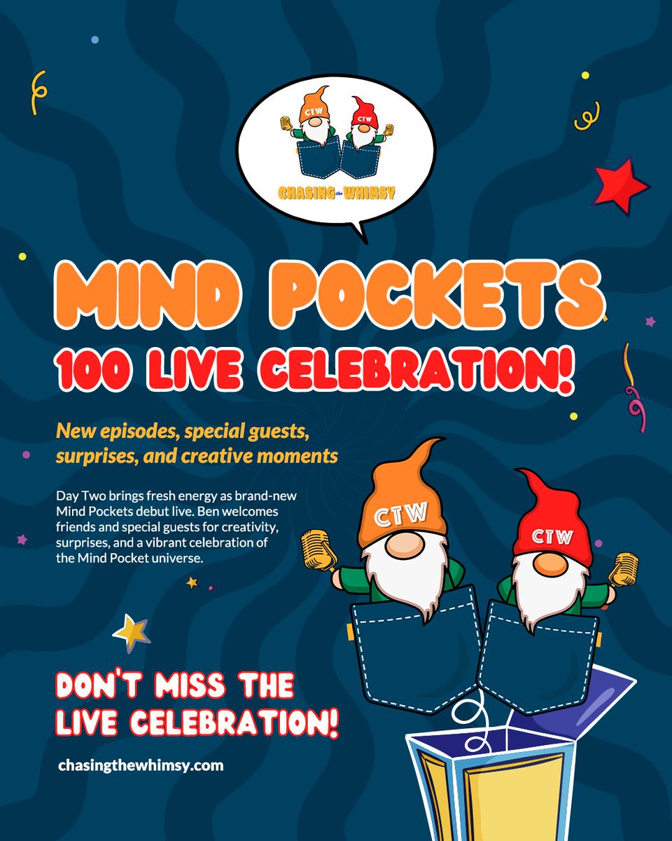 ChaseTheWhimsy's tweet image. 100 Mind Pockets, one unstoppable host, and a 2-day live celebration! 🎉 Join us on this creative journey that belongs to all of you! 🏆💫 Watch live at youtube.com/@ChasingtheWhi…!  
#ChasingTheWhimsy #MindPockets100 #PodcastMilestone #LiveNow #CreatorCommunity #TuneInNow