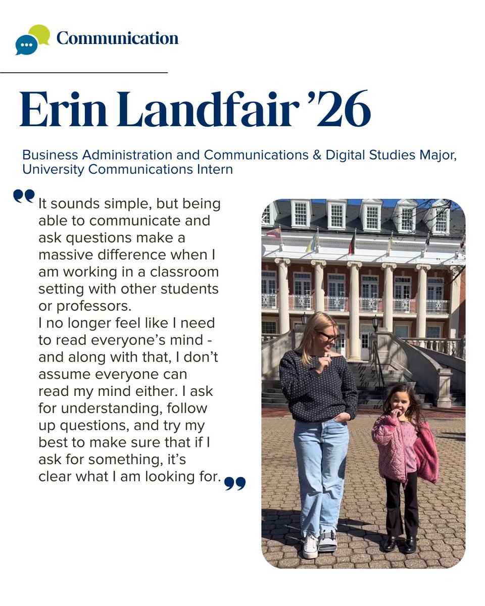 UMW_CCPD's tweet photo. Who better to talk about how communication skills have impacted her time at UMW than Erin Landfair? You may have seen her on Instagram as she asks campus community members their favorite spots on campus, who they’re grateful for or how to describe their major to a kindergartener. https://t.co/4AhoQlUXUN