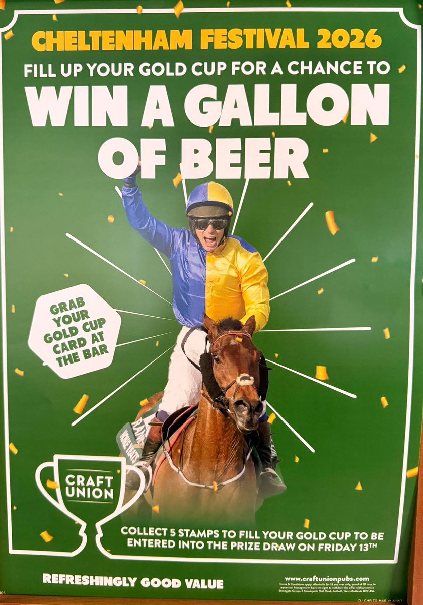 TheGardenHouse5's tweet image. 🏇 Cheltenham Festival 2026
Collect 5 stamps on your Gold Cup card and you could WIN A GALLON OF BEER! 🍺
📍 Pick up your card at the bar
🎉 Prize draw Friday 13th
#CheltenhamFestival #CraftUnion