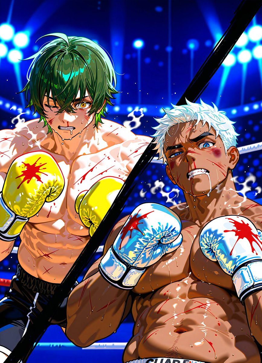 [Round 4]
2:15 in——

💚 is up.

Blood-slicked body
slowly pulling back into stance.

Eyes——
impossibly alive
for someone who just hit the canvas.

Referee: "FIGHT——!!"

⬜ : "...took you long enough, kid."

Low. Quiet.
But there was a smile in it.

💚 : "Sorry, Senpai."

Blood