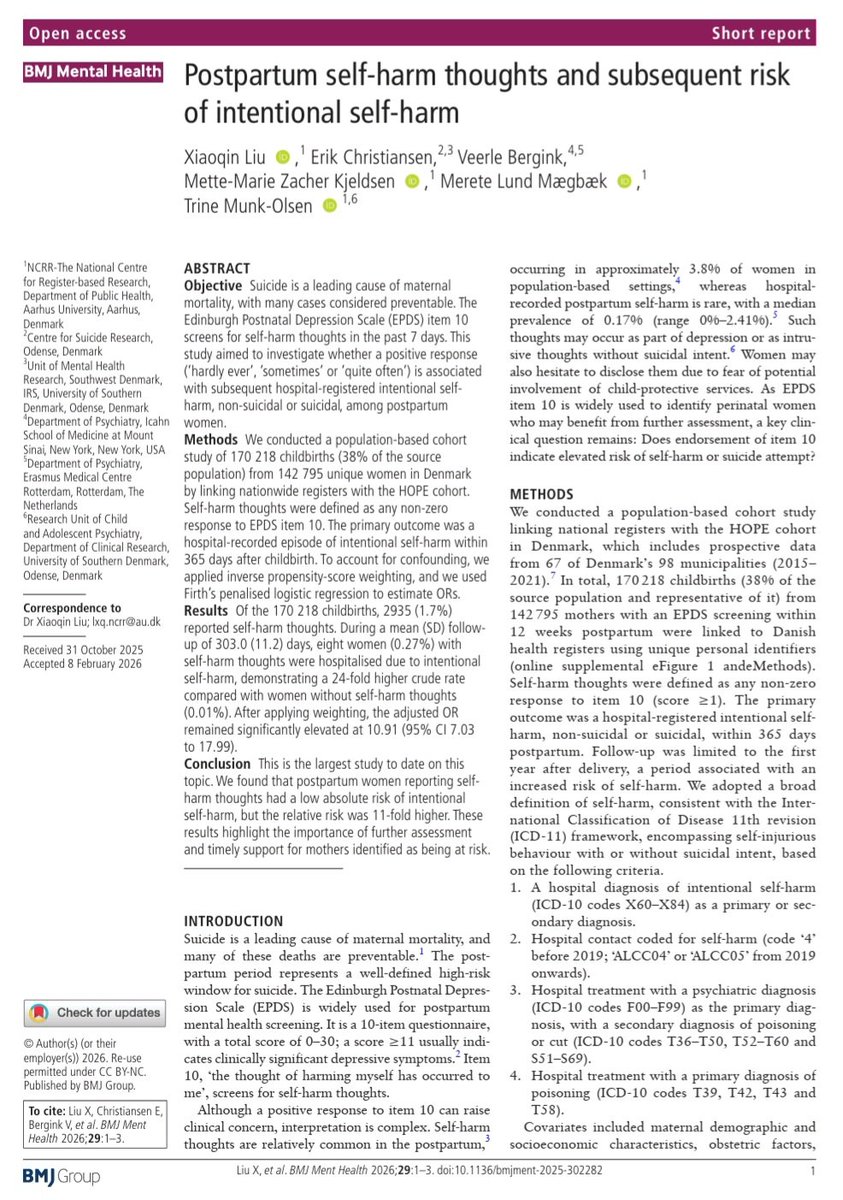 BMJMentalHealth's tweet image. New study in @BMJMentalHealth: #Postpartum women reporting #selfharm thoughts on the EPDS had 11x higher risk of #hospital-recorded self-harm, though absolute risk was low. Highlights the need for timely support. 💛👶

Link: mentalhealth.bmj.com/content/29/1/e…

Authors: Xiaoqin Liu
Erik